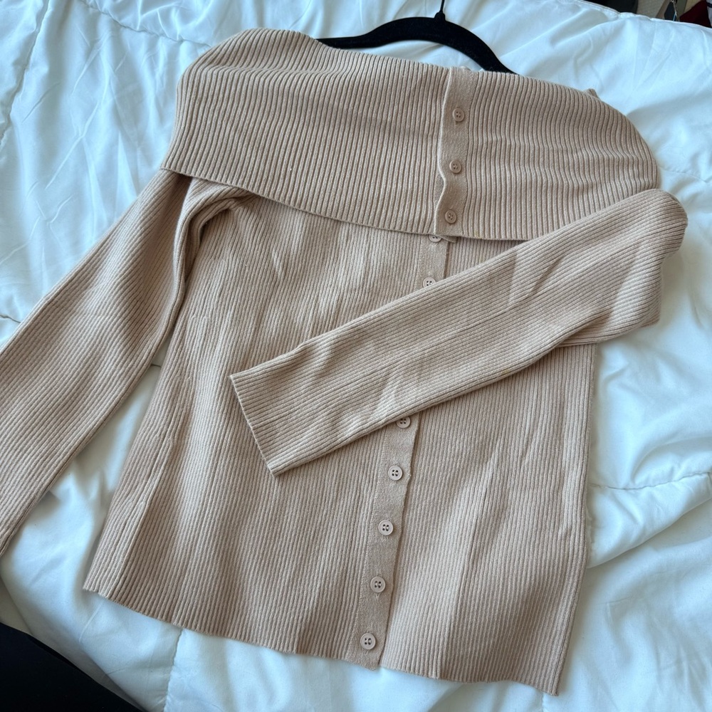 Women's Off-Shoulder Ribbed Sweater - Tan